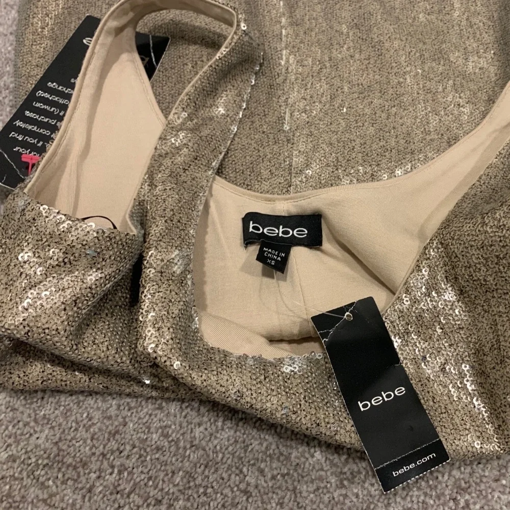 NWT Bebe Sequin Dress – Ruffle Hem – Gold Chrome - Picture 9 of 11